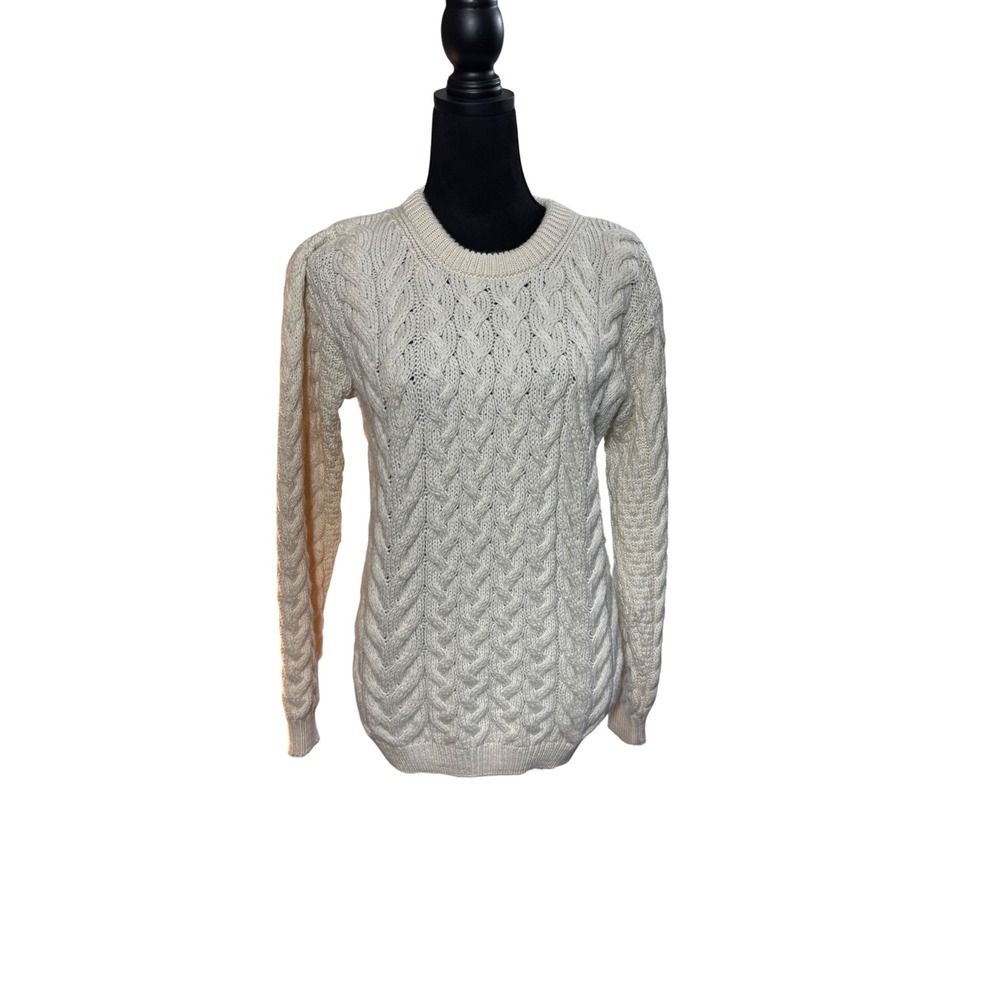 Aran Sweater Market Mens Cream Cable‎ Knit Wool Sweater Made in Ireland Size XS
